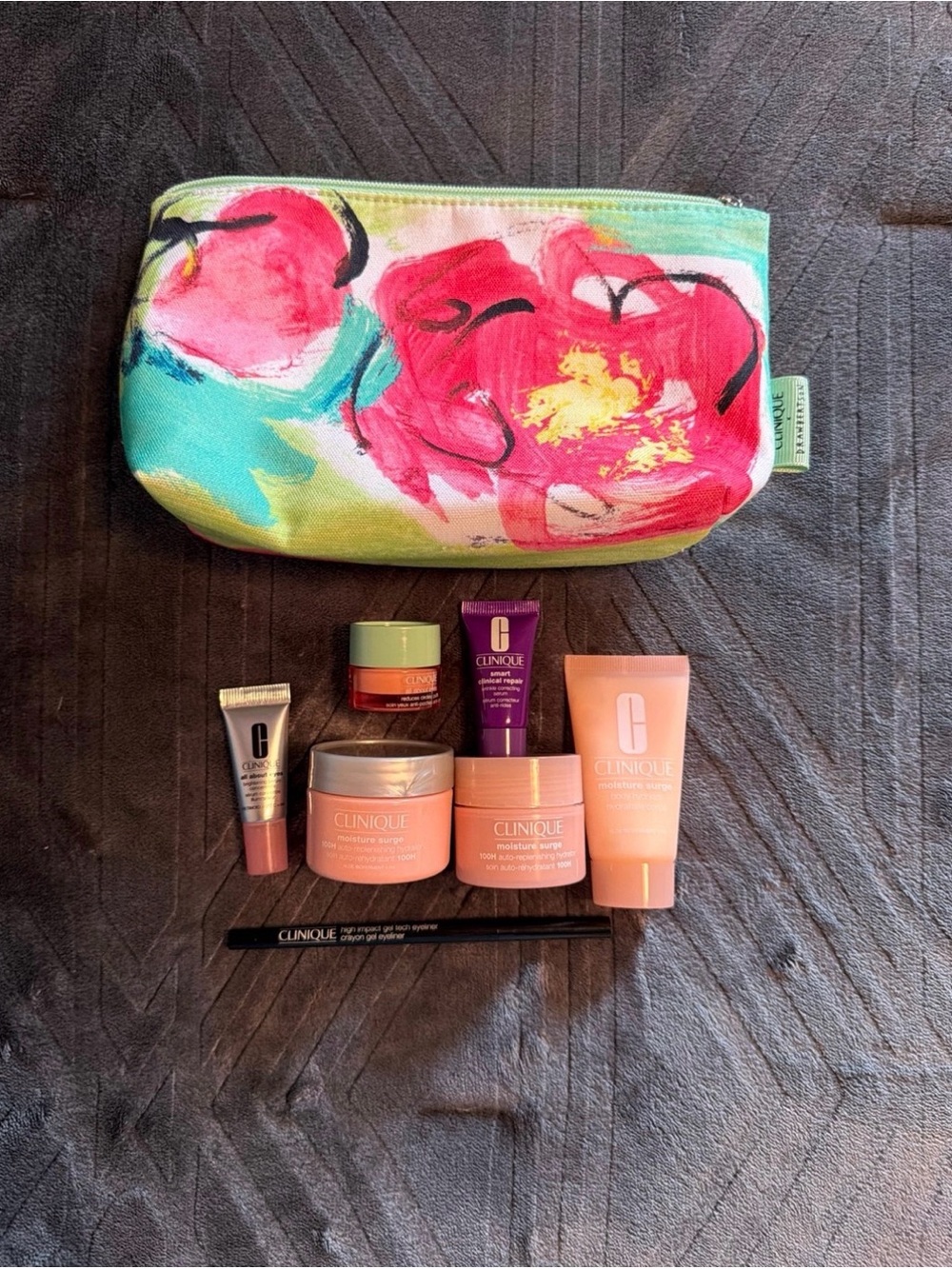 Clinique Pink Skincare Trio with Floral Cosmetic Pouch